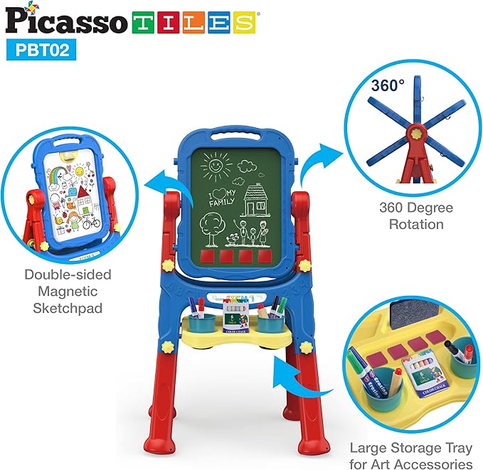 PicassoTiles All-in-one Kids Art Easel Drawing Board, Chalkboard & Whiteboard with Art Accessories, Toddler Toys, Children Learning Tools - Gift for Age 3 to 8 Years Old Kids, Boys, Girls, PBT02