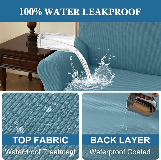 100% Waterproof Jacquard Fabric Couch Cover, Dual Layer with TPU Film, Leakproof High Elasticity Non-Slip Washable Furniture Protector for Pets, Dogs, Cats and Kids (Oversized Sofa,Dusty Blue)