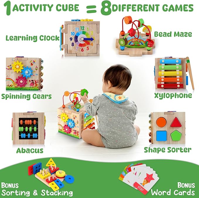 Batlofty Wooden Activity Cube, 8-in-1 Montessori Toys for 1+ Year Old Boys & Girls, Educational Learning Toys for Toddlers Age 1-2, 1st Birthday Gift | Bonus Sorting & Stacking