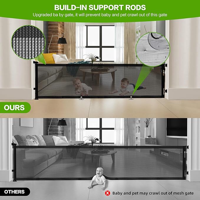 Retractable Baby Gate, Mesh Baby Extra Wide Gate to Prevent from Crawling Underneath, 34" Tall, Extends up to 100" Wide, Mesh Dog Gate for Garage, Play Area, Deck, Indoor/Outdoor
