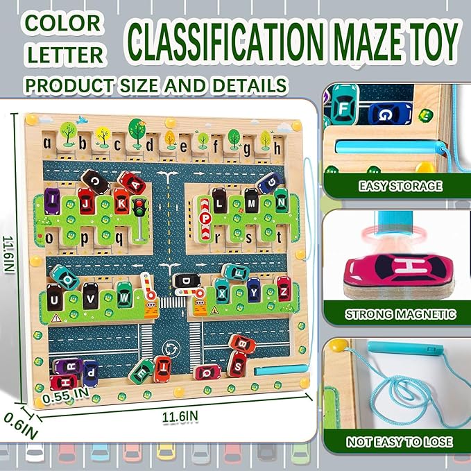 Magnetic Alphabet Maze Toys for 3 4 5 Year Old Boys and Girls Toddlers Learning Activities Toys Cute Car Letters ABC Montessori Fine Motor Skills Toys for Kids Travel Toys for Kids (Traffic)