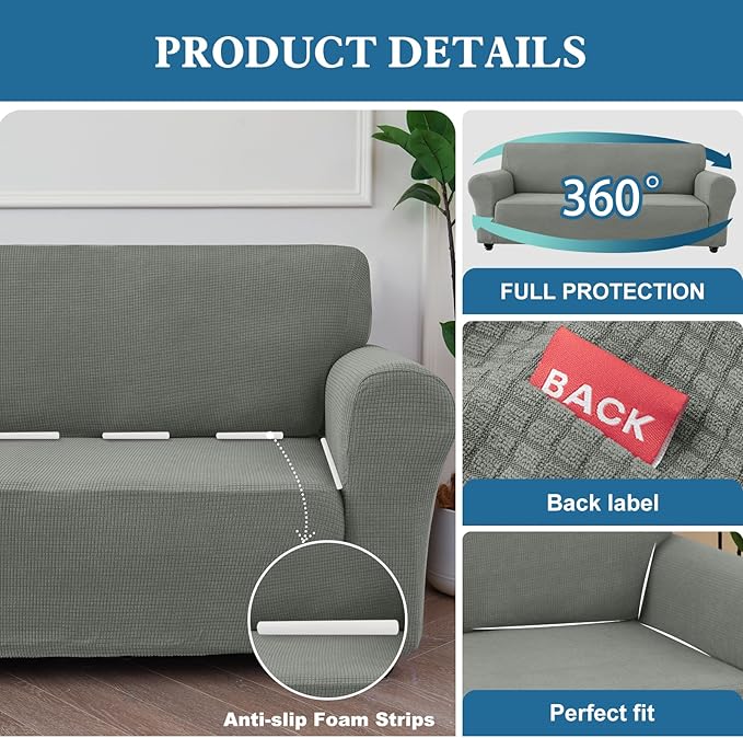 100% Waterproof Jacquard Fabric Couch Cover, Dual Layer with TPU Film, Leakproof High Elasticity Non-Slip Washable Furniture Protector for Pets, Dogs, Cats and Kids (Oversized Sofa,Light Gray)