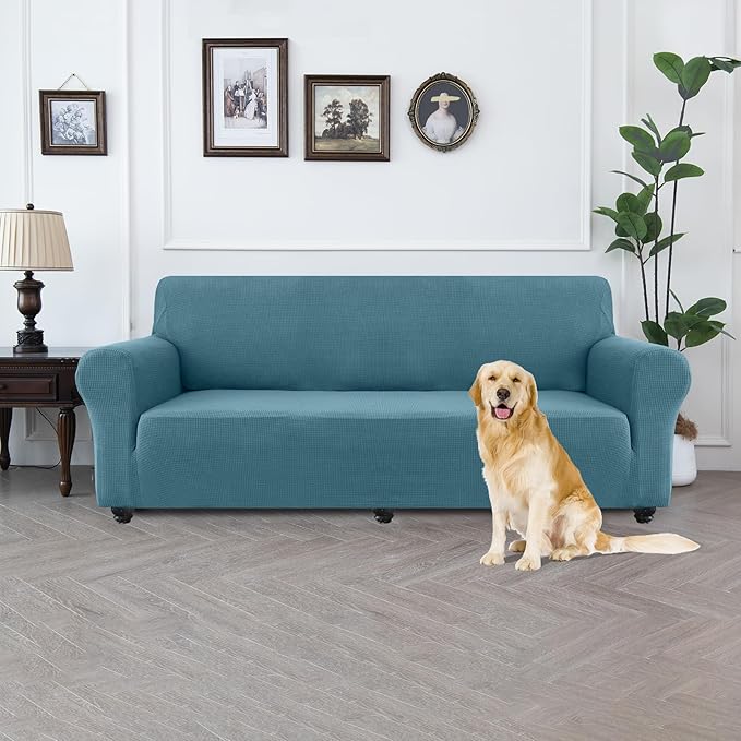 100% Waterproof Jacquard Fabric Couch Cover, Dual Layer with TPU Film, Leakproof High Elasticity Non-Slip Washable Furniture Protector for Pets, Dogs, Cats and Kids (Oversized Sofa,Dusty Blue)
