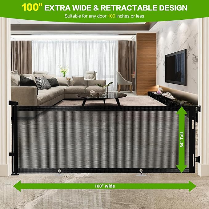 Retractable Baby Gate, Mesh Baby Extra Wide Gate to Prevent from Crawling Underneath, 34" Tall, Extends up to 100" Wide, Mesh Dog Gate for Garage, Play Area, Deck, Indoor/Outdoor