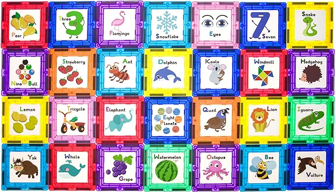 PicassoTiles Magnetic Building Blocks with Tiles and Educational Artwork Graphic Click-in Inserts Magnet Construction Toy Set STEM Learning Kit Playset Child Brain Development PT56