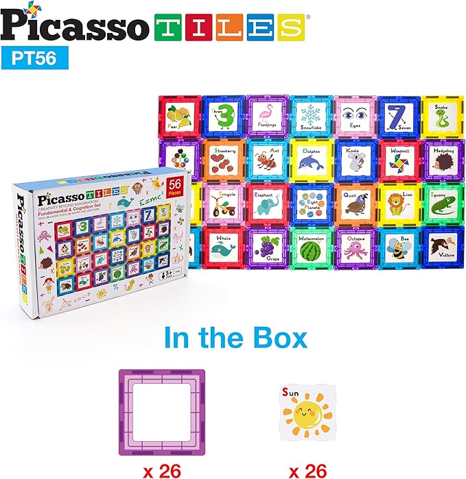 PicassoTiles Magnetic Building Blocks with Tiles and Educational Artwork Graphic Click-in Inserts Magnet Construction Toy Set STEM Learning Kit Playset Child Brain Development PT56