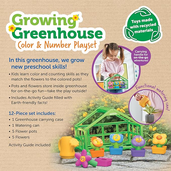 Learning Resources Growing Greenhouse Color & Number Playset,Preschool Learning Activities, Fine Motor Skills Toys, Ages 18 Month+ ,Easter Basket Stuffers