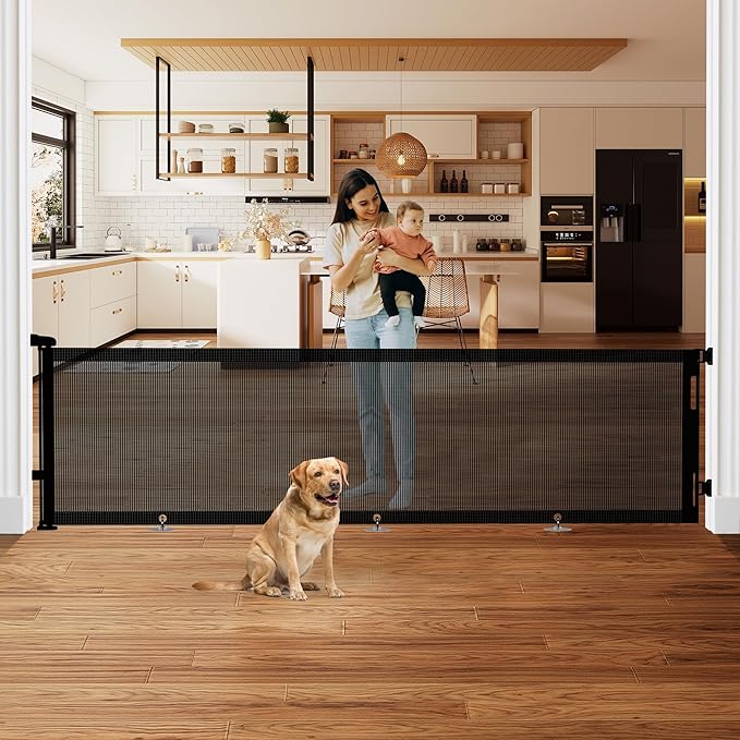 Retractable Baby Gate, Mesh Baby Extra Wide Gate to Prevent from Crawling Underneath, 34" Tall, Extends up to 140" Wide, Mesh Dog Gate for Garage, Play Area, Deck, Indoor/Outdoor